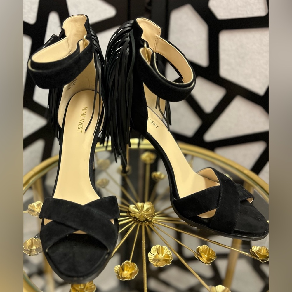 Nine West suede stiletto sandals with fringed heel